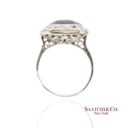 Vintage 18k White Gold Synthetic Sapphire and Natural Diamond Milgrain Ring