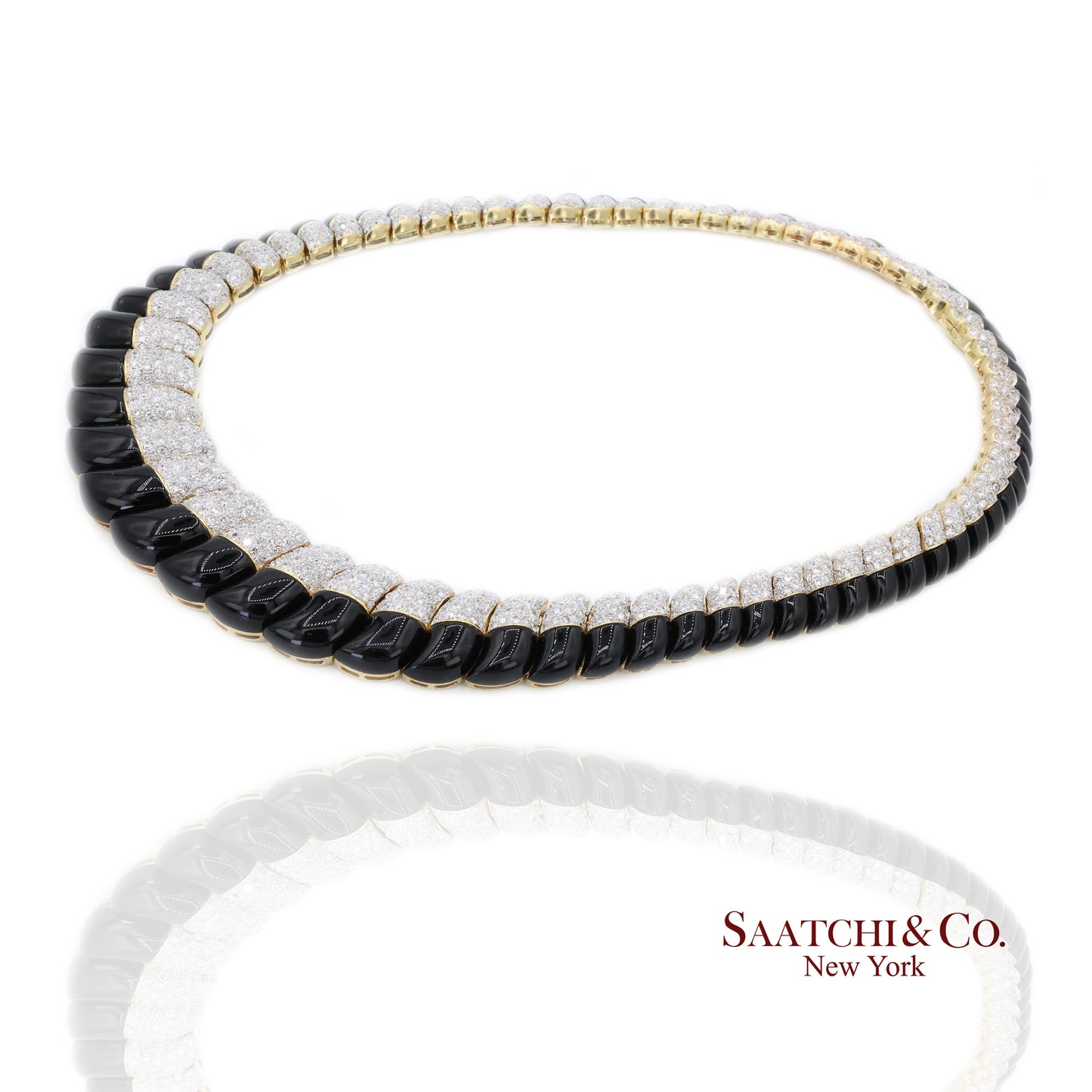 18K White & Yellow Gold Black Natural Onyx Necklace with Natural White Diamonds