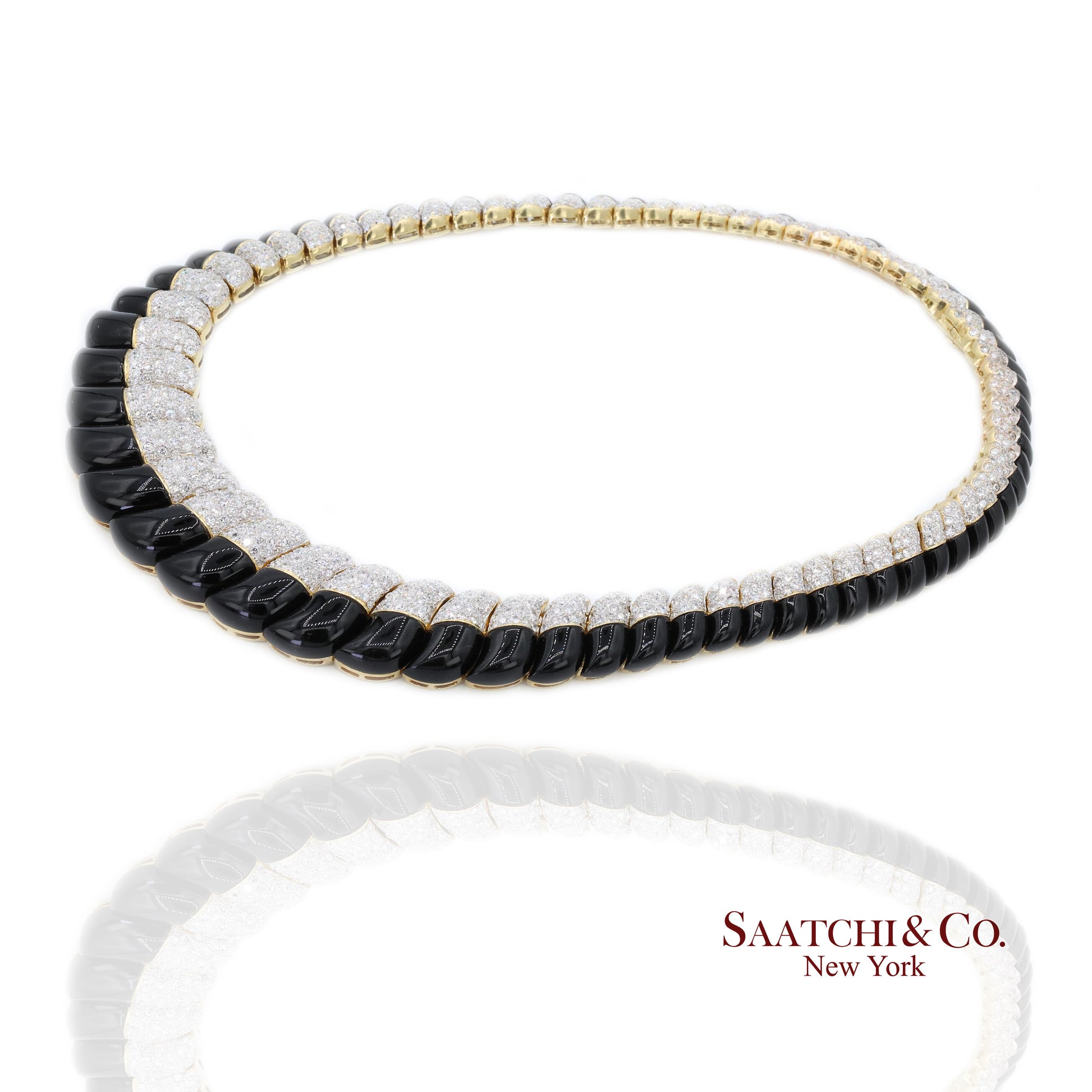 18K White & Yellow Gold Black Natural Onyx Necklace with Natural White Diamonds