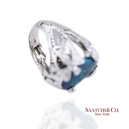 18K (750) White Gold Natural Pear Opal and Diamond Wide Ring