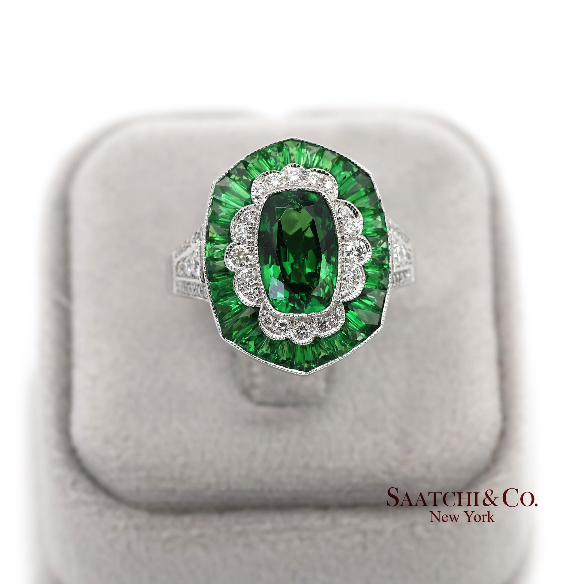 18K(750) White Gold Natural Brilliant Diamond and Tsavorite Ring