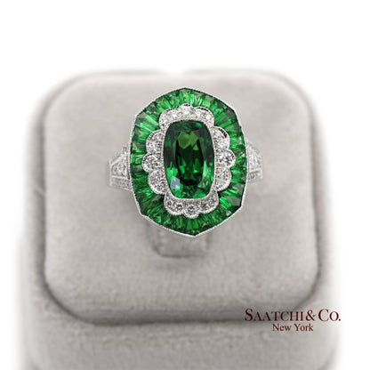 18K(750) White Gold Natural Brilliant Diamond and Tsavorite Ring