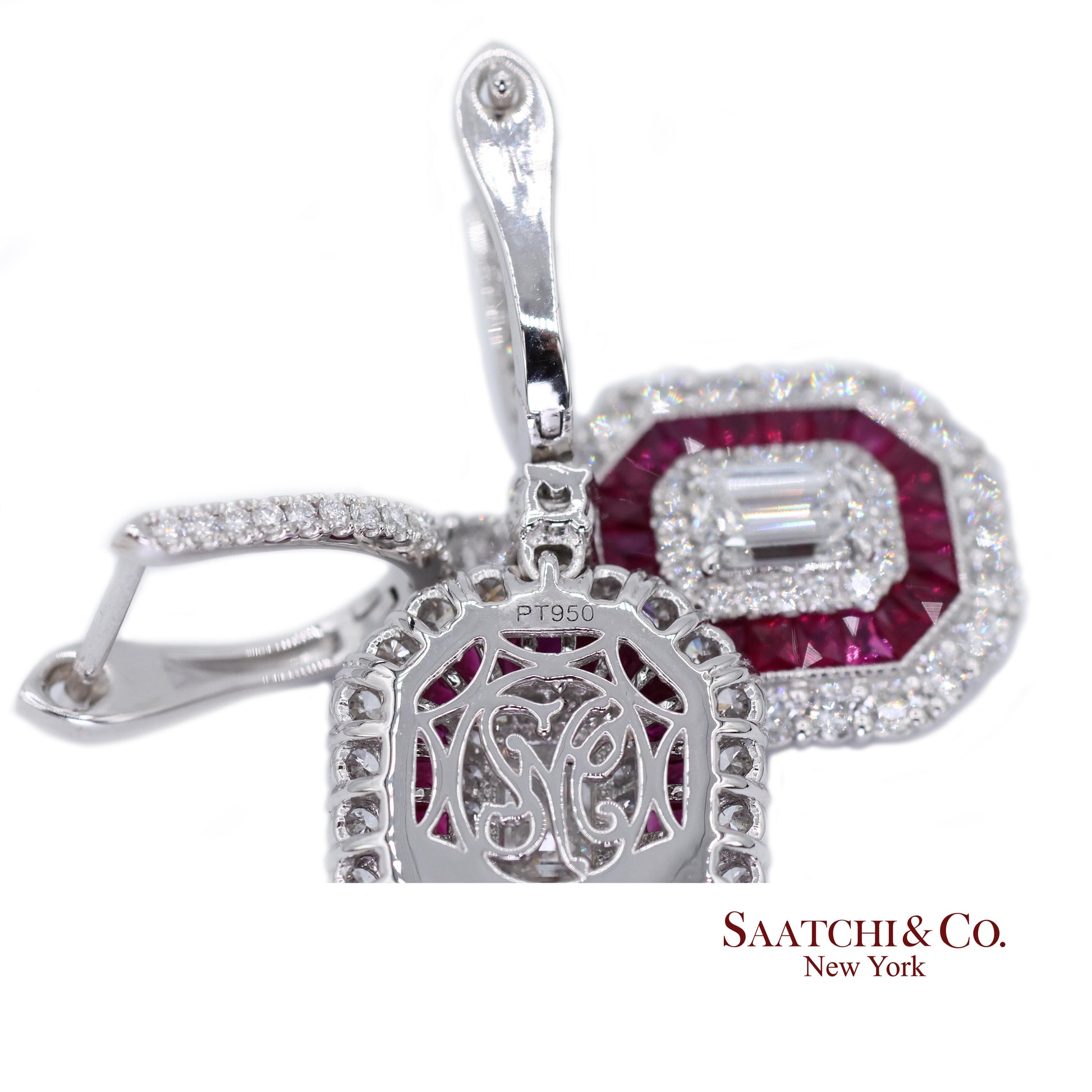 Platinum 950 Dangling Natural Ruby and Diamond Earring