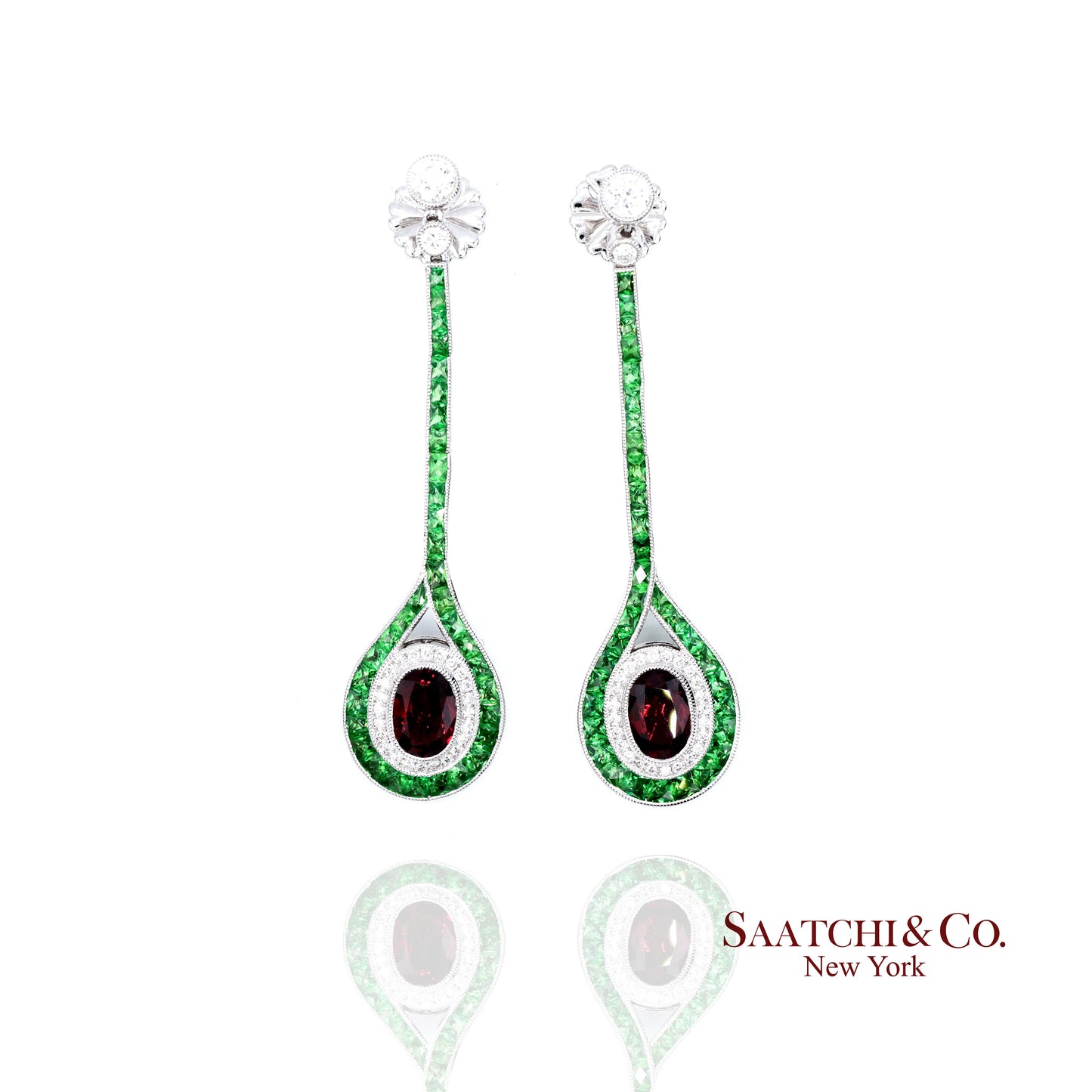 Platinum 950 Dangling Natural Ruby Emerald and Diamond Earring