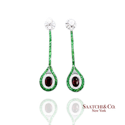 Platinum 950 Dangling Natural Ruby Emerald and Diamond Earring