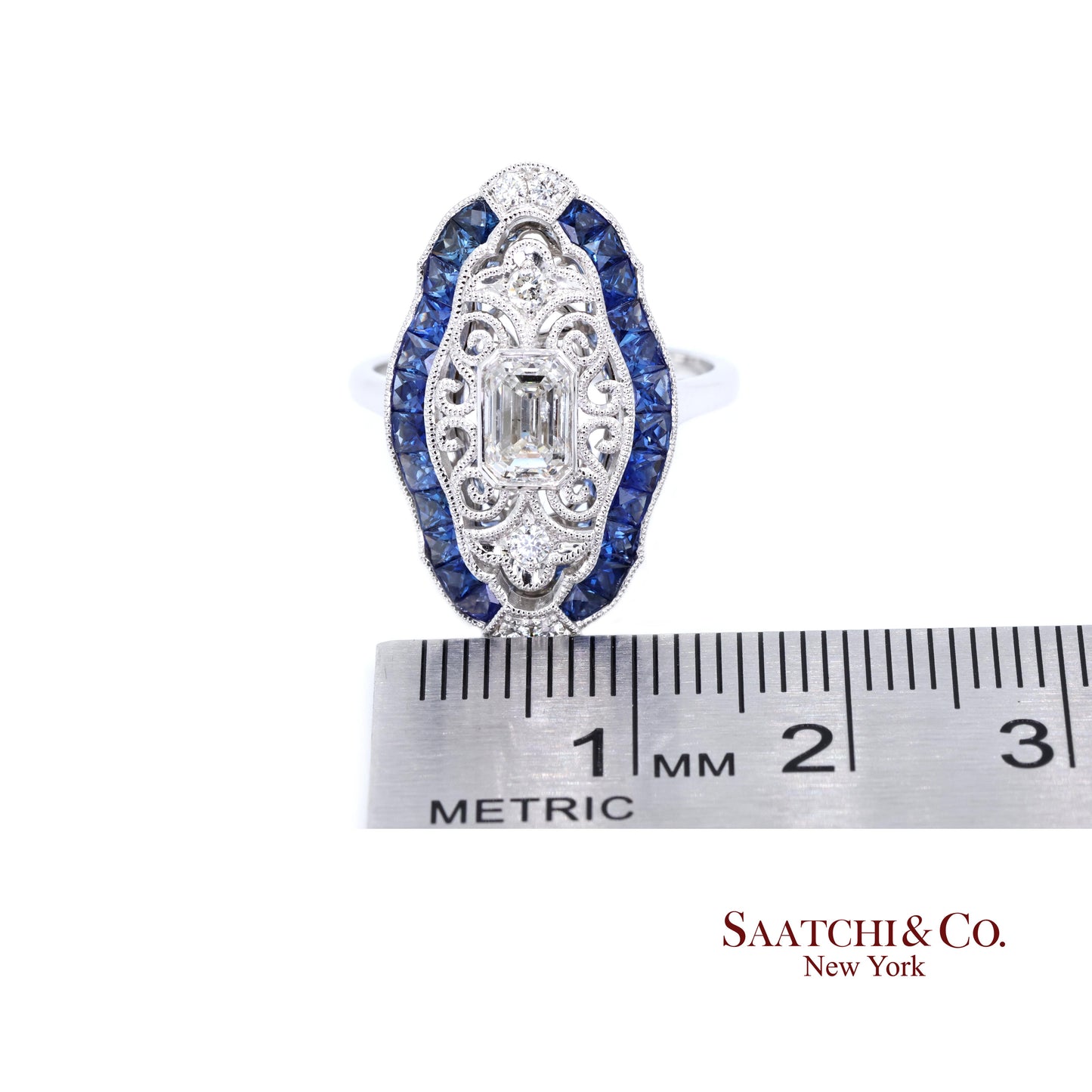 Elegant 18K White Gold Natural Diamond and Blue Sapphire Ring