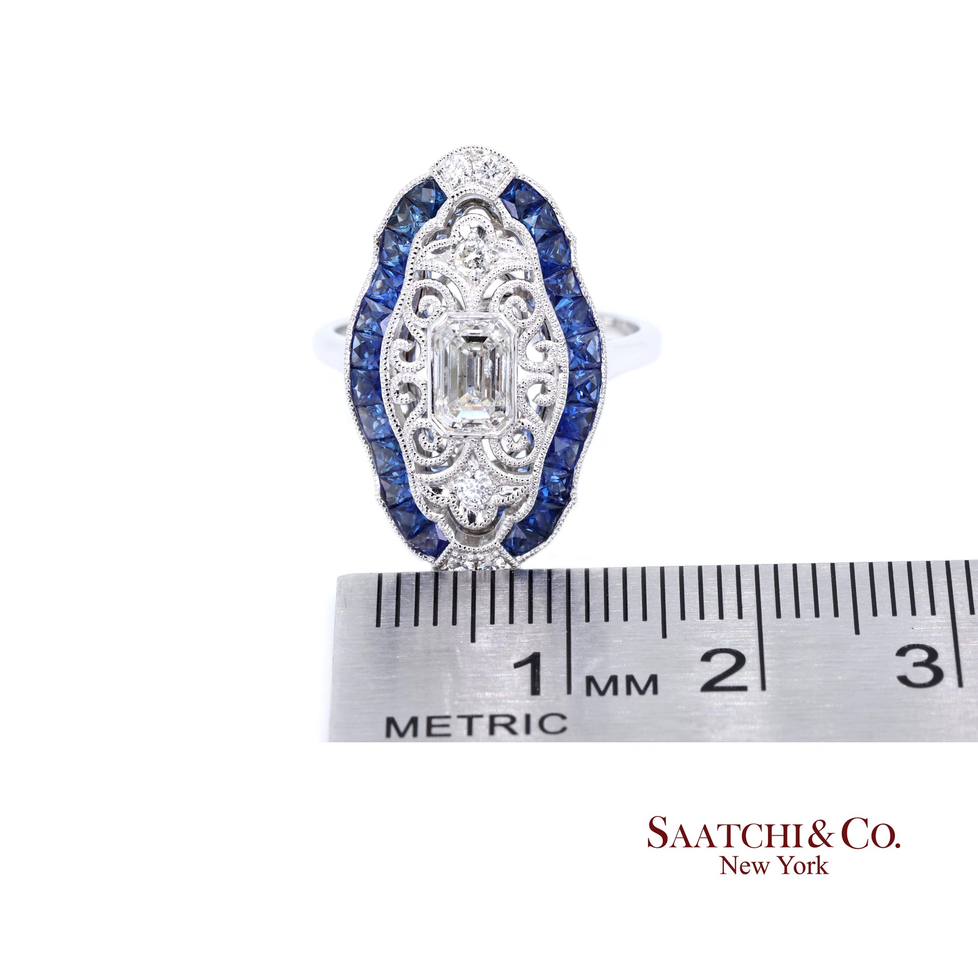 Elegant 18K White Gold Natural Diamond and Blue Sapphire Ring