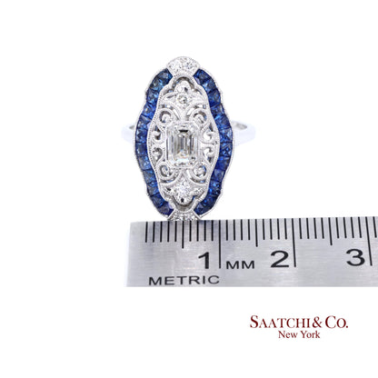 Elegant 18K White Gold Natural Diamond and Blue Sapphire Ring