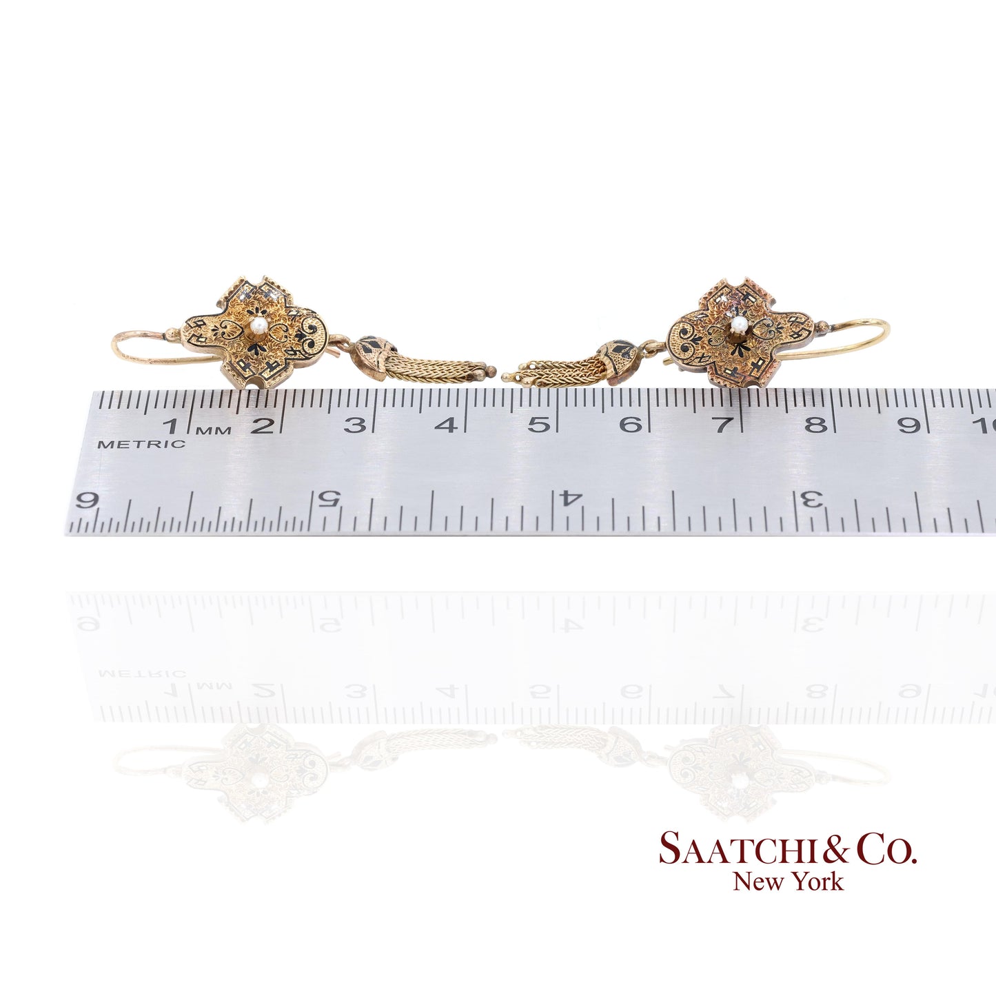 14K Yellow Gold Pearl Enamel Dangling Earring