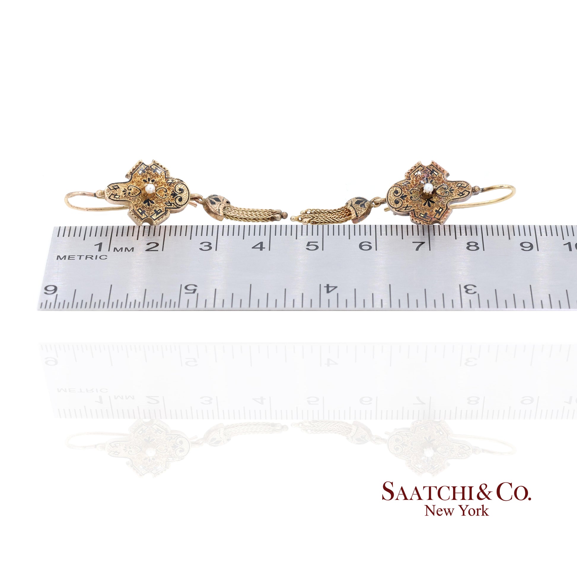 14K Yellow Gold Pearl Enamel Dangling Earring