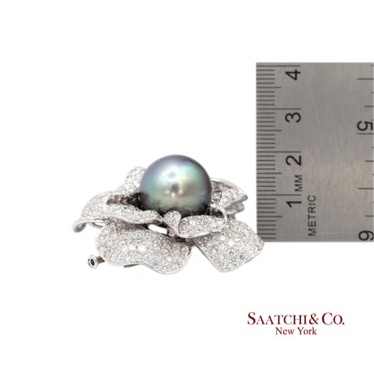 18K(750) White Natural Diamond and Black Pearl Brooch/Pin/Pendant/Necklace