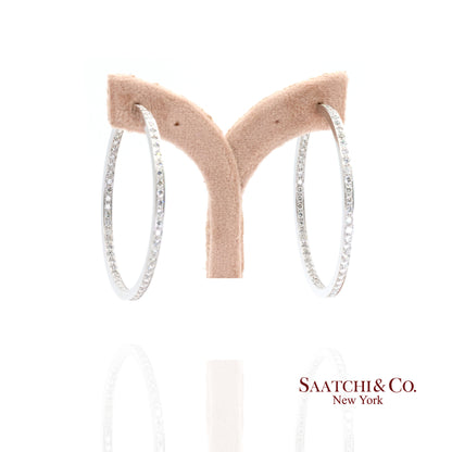 18K(750) Solid White Gold Natural Diamond Hoop Earrings In and Out Diamond