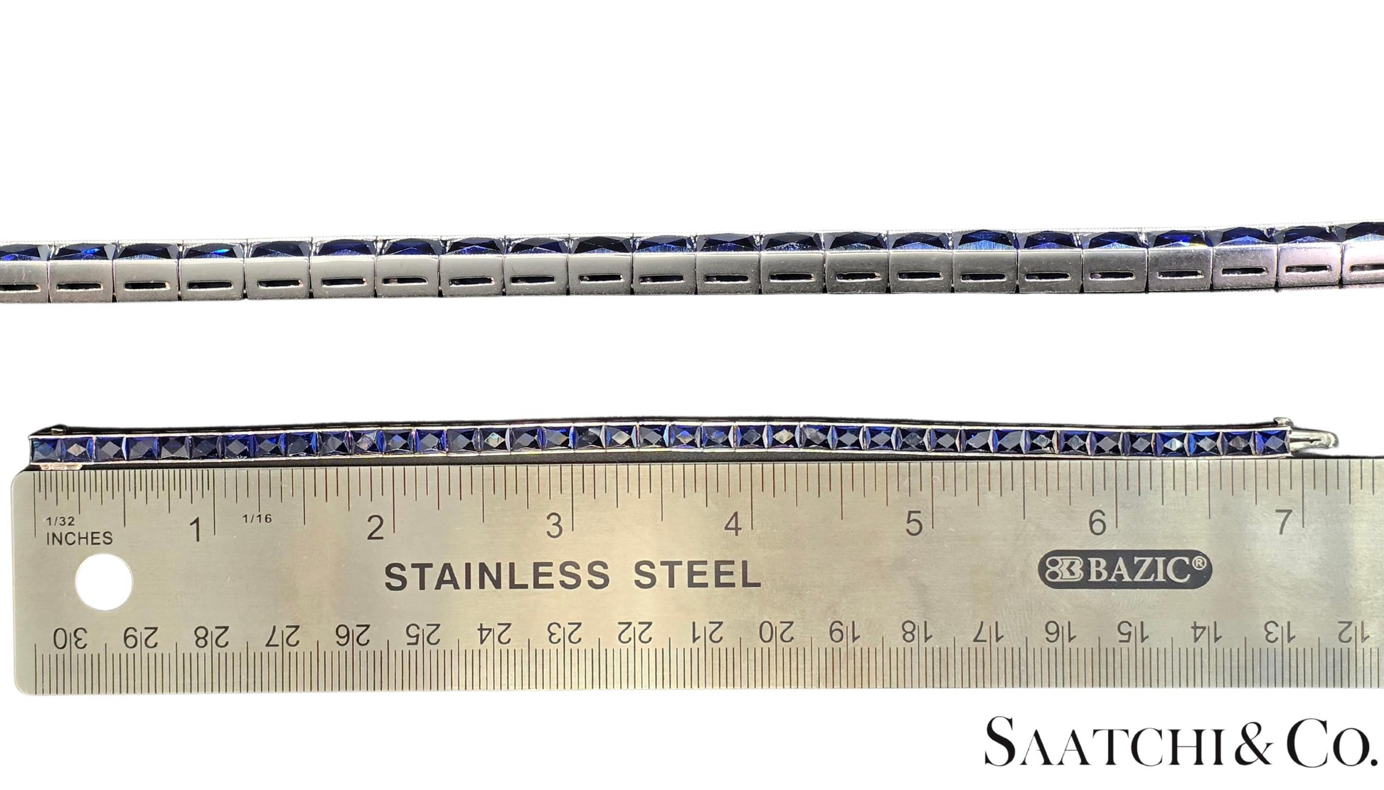 Platinum (950) LAB Created Top Quality Sapphire Grench Cut: Tennis Bracelet