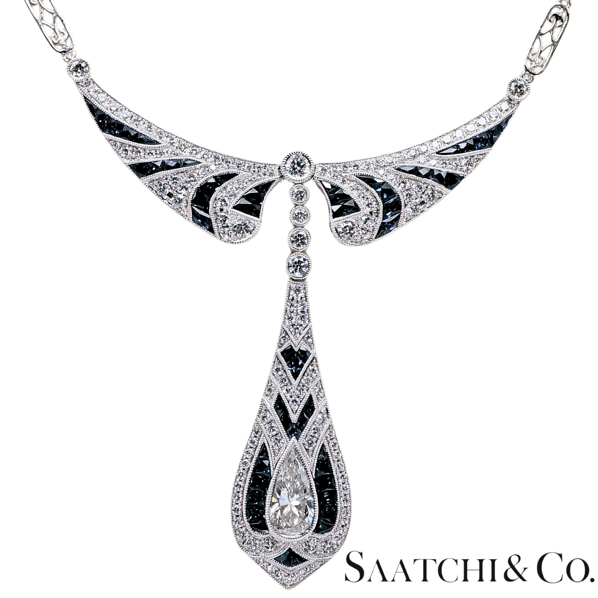 GIA Certified Diamond and Natural Sapphire in Platinum 950 Elegant Necklace