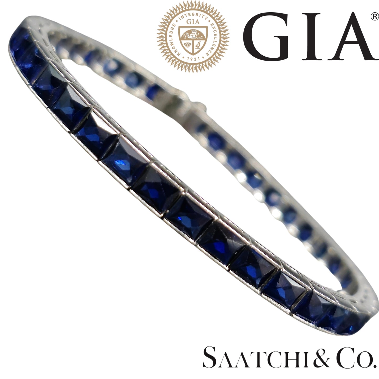 Platinum (950) LAB Created Top Quality Sapphire Grench Cut: Tennis Bracelet