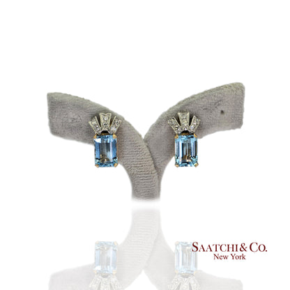 14k (585) Yellow Gold Vinatge Earring Natural Diamond & Aquamarine