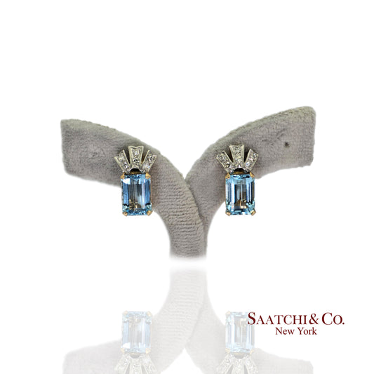 14k (585) Yellow Gold Vinatge Earring Natural Diamond & Aquamarine