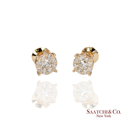 14k (585) Yellow Gold Round Cut Diamond Cluster Stud Earrings