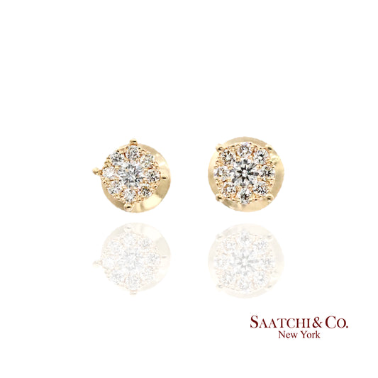 14k (585) Yellow Gold Round Cut Natural Diamond Cluster Stud Earrings