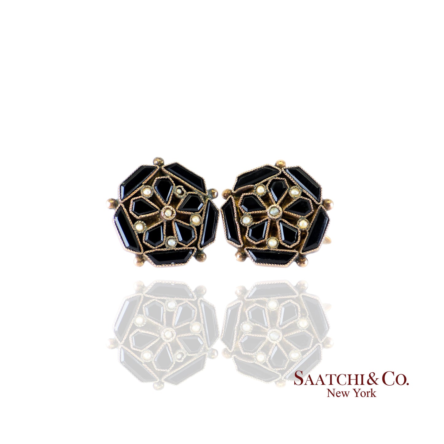 14K (585) Yellow Gold - golden Onyx Stone And  Pearl Earring, 5.1 Gram