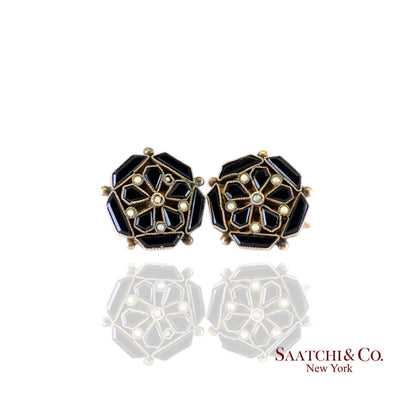 14K (585) Yellow Gold - golden Onyx Stone And  Pearl Earring, 5.1 Gram