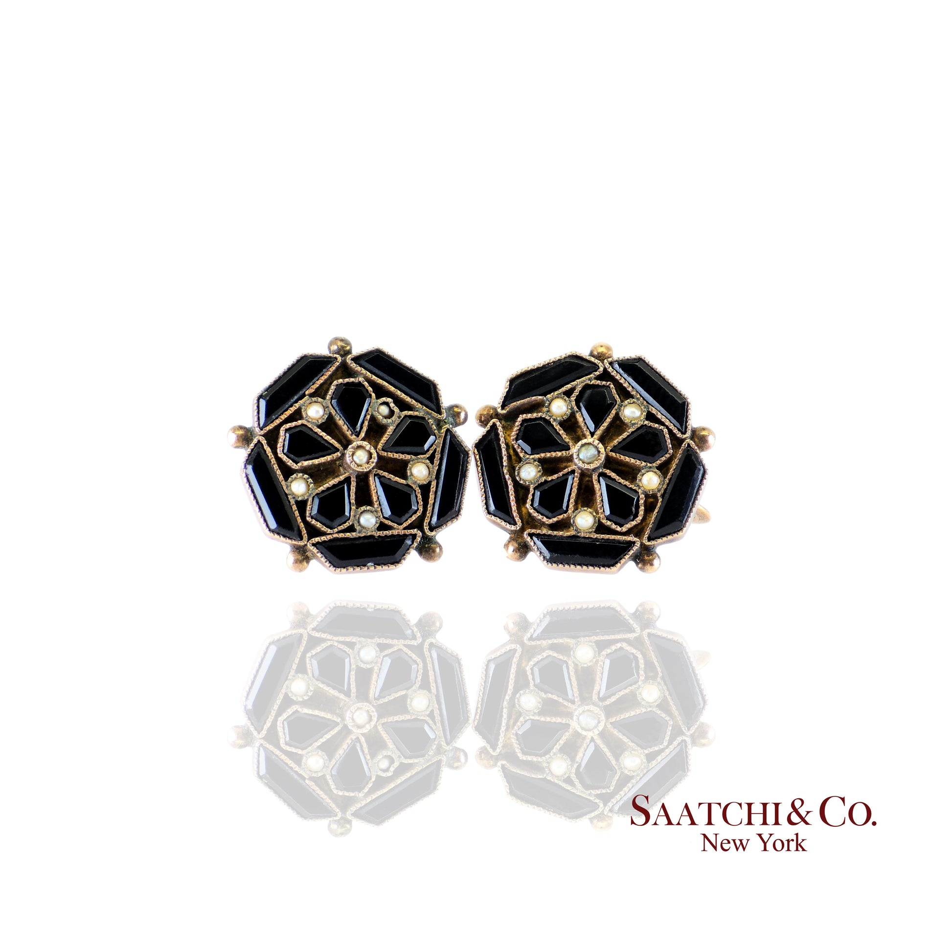 14K (585) Yellow Gold - golden Onyx Stone And  Pearl Earring, 5.1 Gram