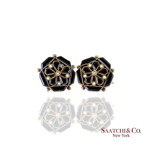 14K (585) Yellow Gold - golden Onyx Stone And  Pearl Earring, 5.1 Gram