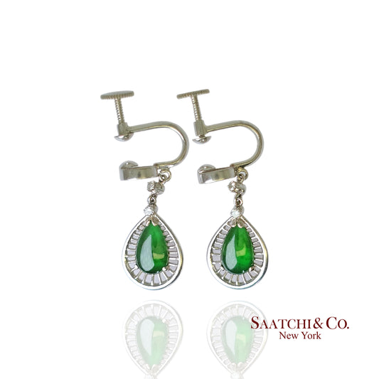 14K (585) White Gold - Natural Jade Pearl Shape & Diamond: Earrings, 5.3 Grams