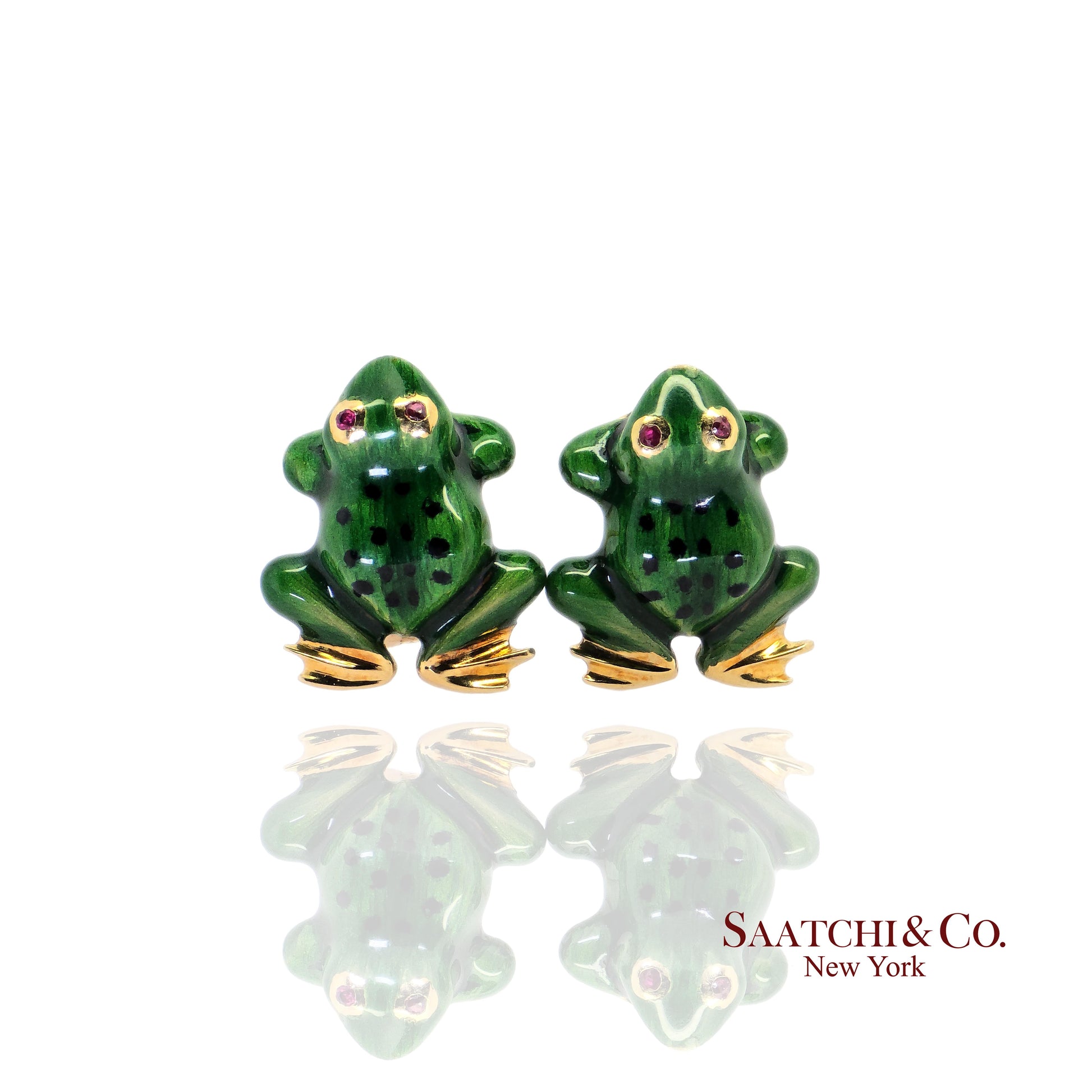 18K (750) Yellow Gold - Enamel & Natural Ruby, Round Brilliant Cut: Frog Earring