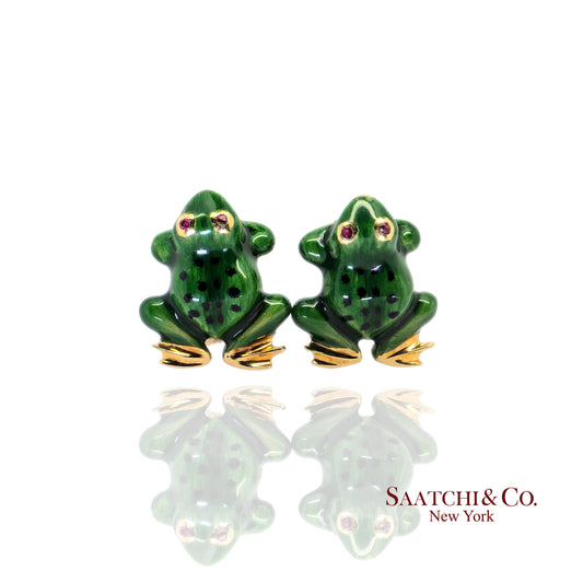 18K (750) Yellow Gold - Enamel & Natural Ruby, Round Brilliant Cut: Frog Earring