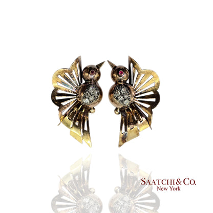 Vintage 18k (750) Yellow Gold Old Cut Natural Diamond Bird Shape Earrings