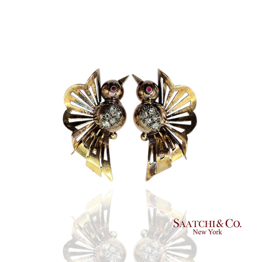 Vintage 18k (750) Yellow Gold Old Cut Natural Diamond Bird Shape Earrings