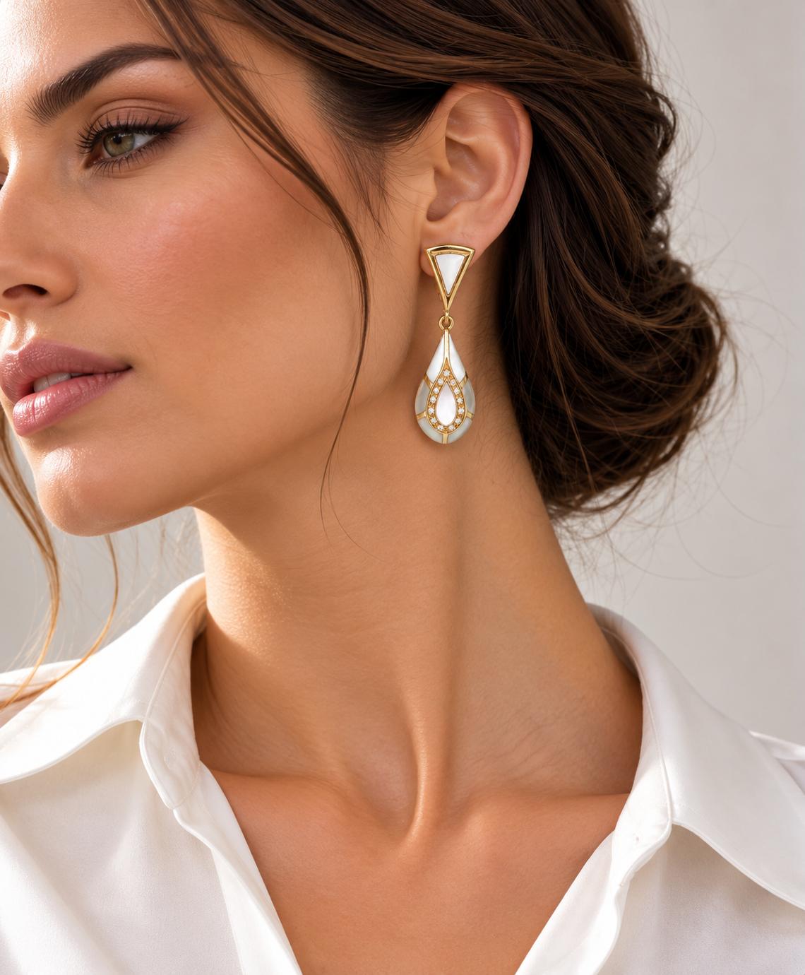 18K Yellow Gold 0.50 ct Natural Diamond and Mother of Pearl Omega Back Earrings