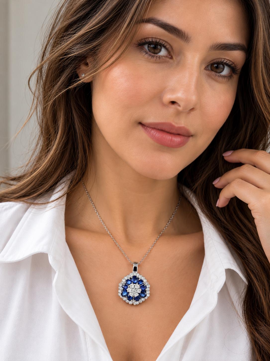 0.95ct Natural Diamond & 3.17ct Natural Sapphire 18K White Gold Pendant Necklace