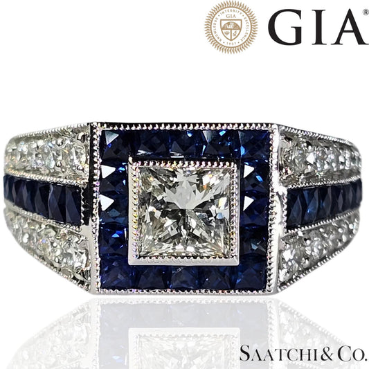 GIA 18K (750) White Gold Natural Diamond & 1.75 Ct Natural Sapphire Ring