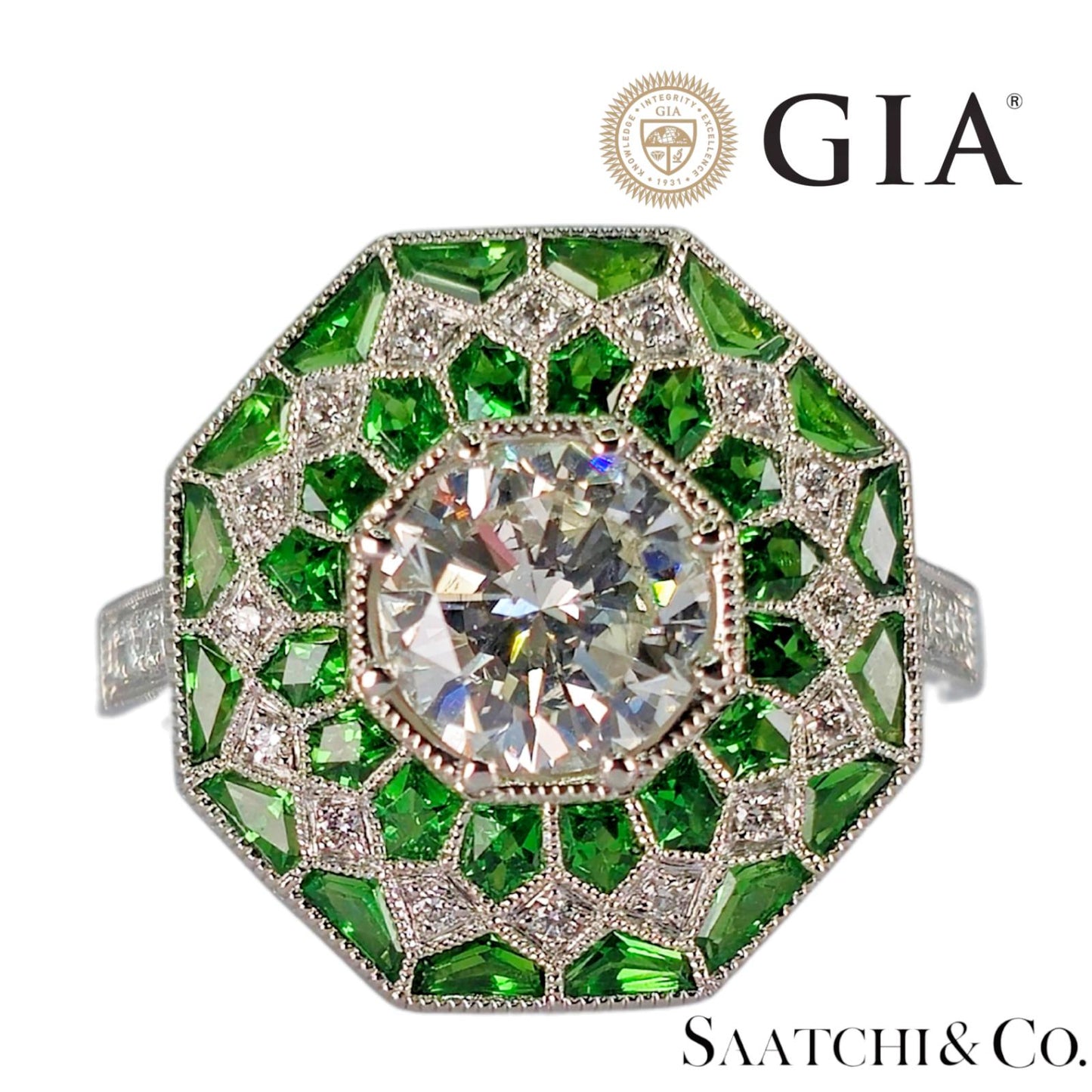 GIA Certified - Natural Tsavorite & Diamond Platinum (950): Ring