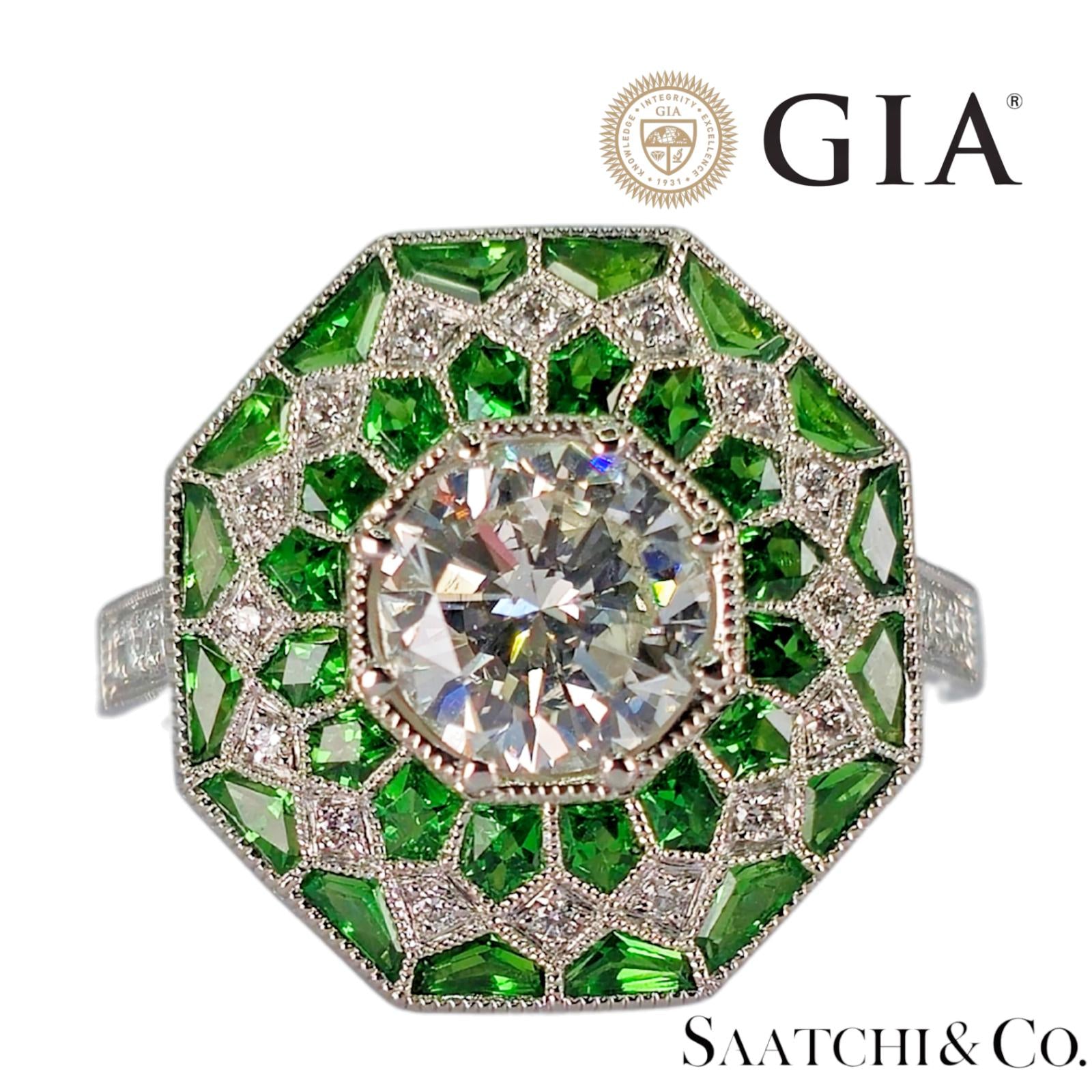 GIA Certified - Natural Tsavorite & Diamond Platinum (950): Ring