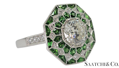 GIA Certified - Natural Tsavorite & Diamond Platinum (950): Ring