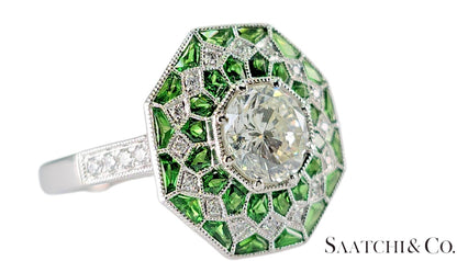 GIA Certified - Natural Tsavorite & Diamond Platinum (950): Ring