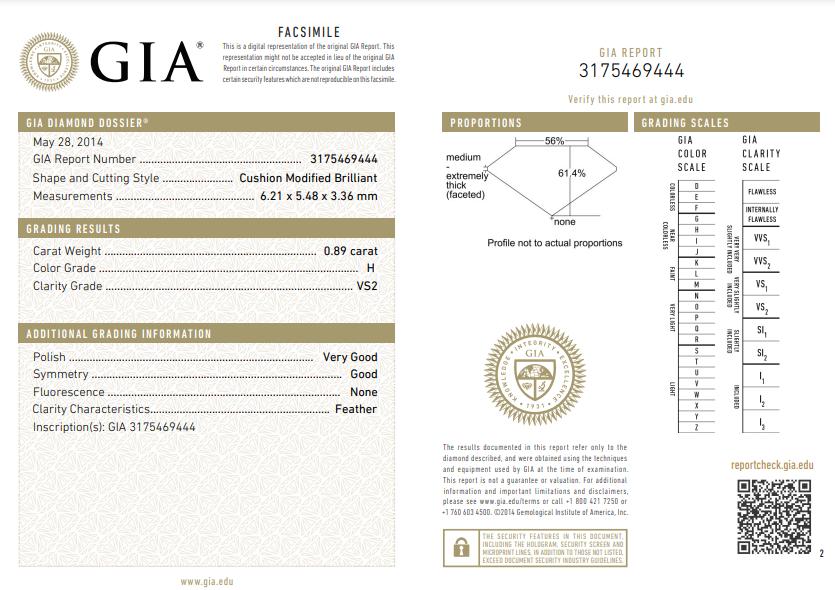 GIA Certified  Natural Diamond Cushion cut in 18k (750) White Gold Ring Size 6