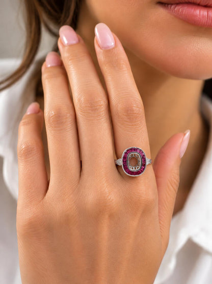 14K White Gold 0.10 ct Natural Diamond and 1.10 ct Natural Ruby Semi Mount Ring