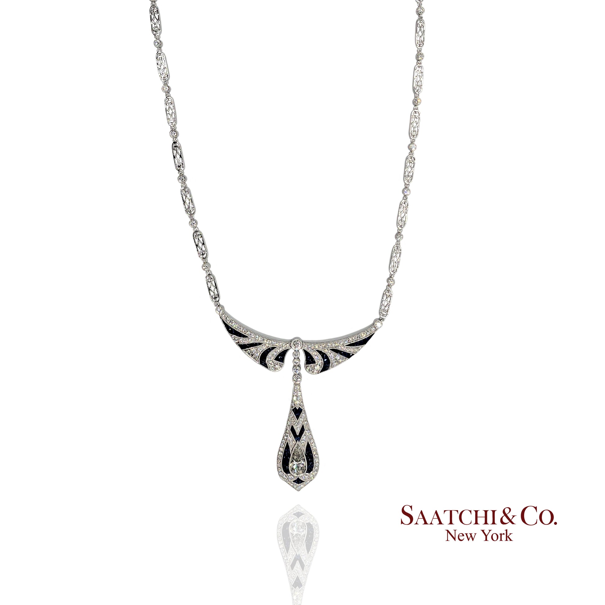 GIA Certified Diamond and Natural Sapphire in Platinum 950 Elegant Necklace