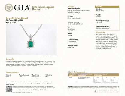 GIA Certified Platinum 900 Emerald & Diamond Pendant with Platinum 850 Chain