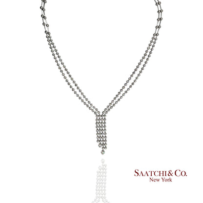 Stunning Double Row Tennis Necklace - 18K (750) White Gold Natural VVS Diamond
