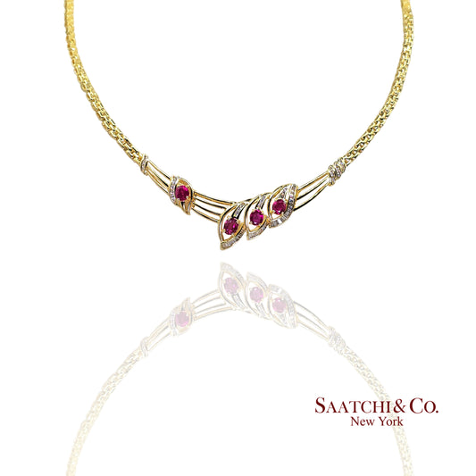 18K (750) Yellow Gold - Natural Diamond & Burmese Ruby: Necklace