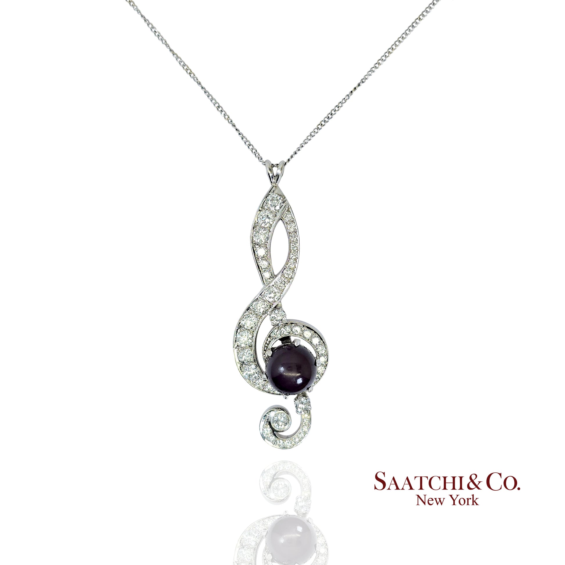 Black Pearl, 14K(585) white gold Pendant, Natural Diamond, Musical g Clef symbol