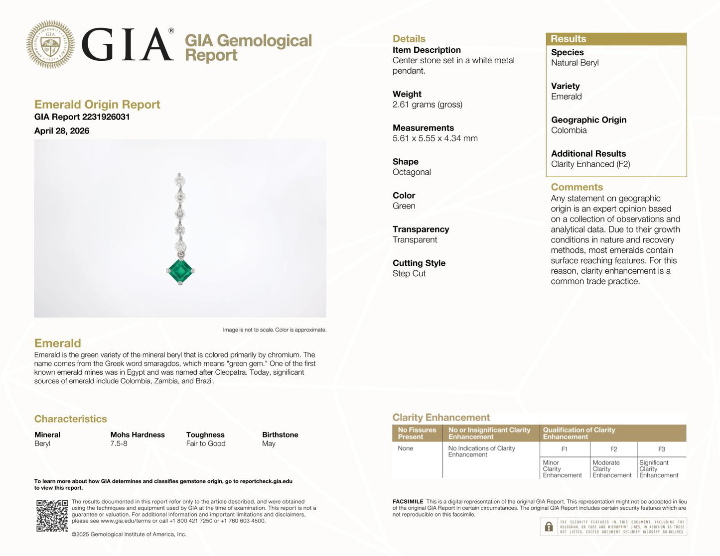 GIA Certified Platinum 900 Natural Diamond and Colombian Emerald Pendant
