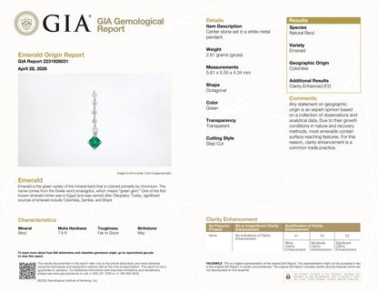 GIA Certified Platinum 900 Natural Diamond and Colombian Emerald Pendant