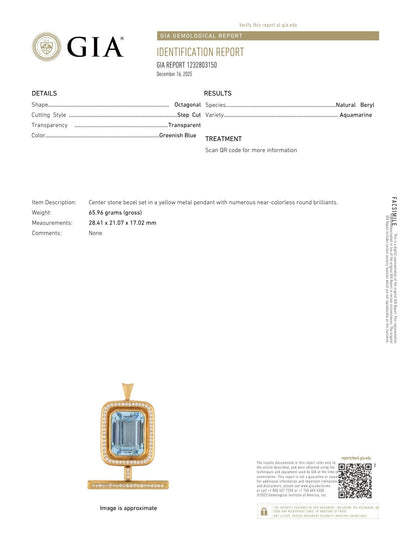 GIA 60 Ct Aquamarine and 4 Ct Diamond 18K Yellow Gold Convertible Pendant Brooch