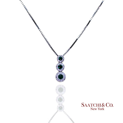 14K (585) White Gold Natural Diamond & Emerald Pendant With Chain
